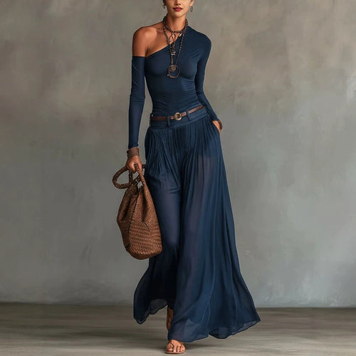 Asymmetrical Shoulder Belted Long Dress