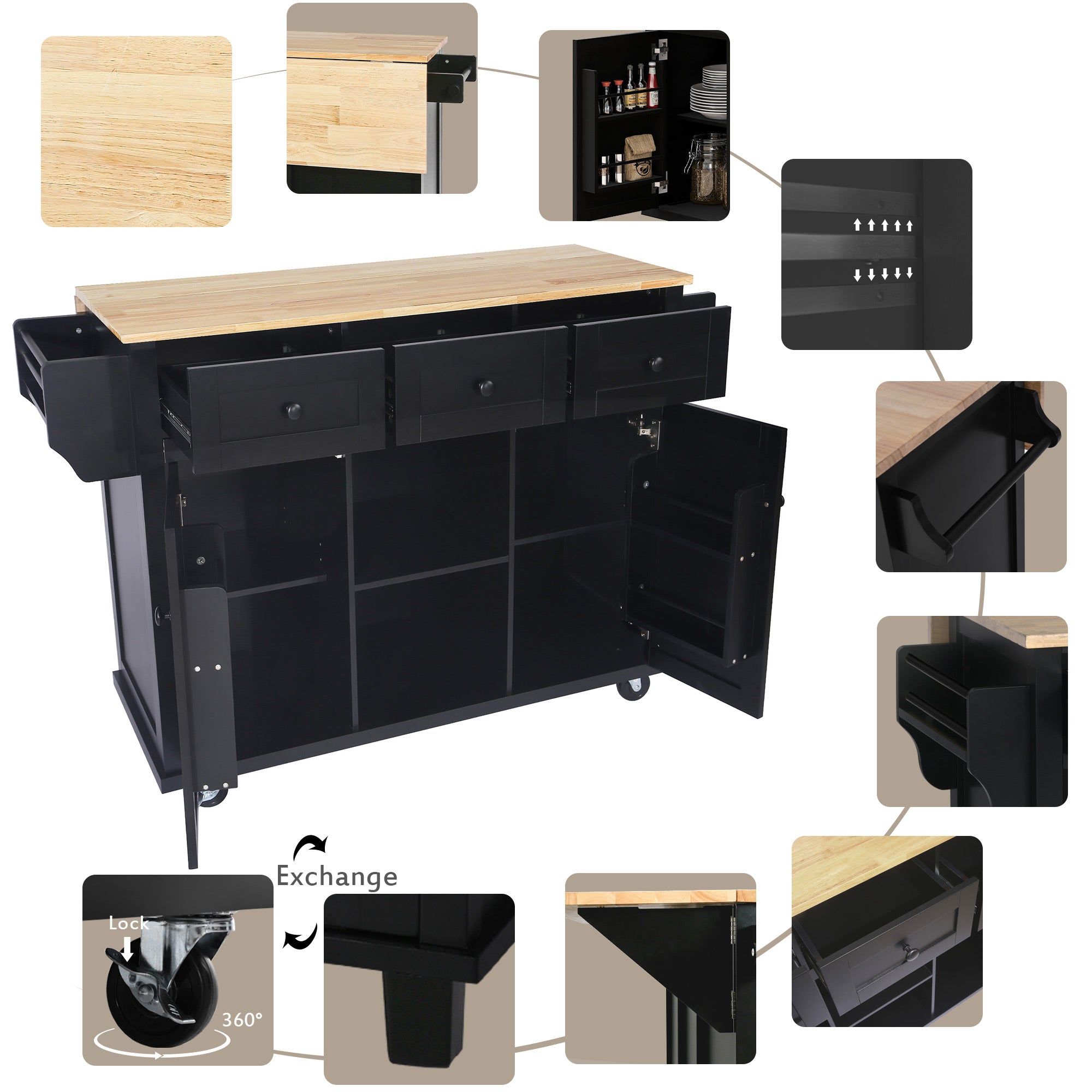 Rubber Wood Kitchen Trolley with Drop-Leaf Top