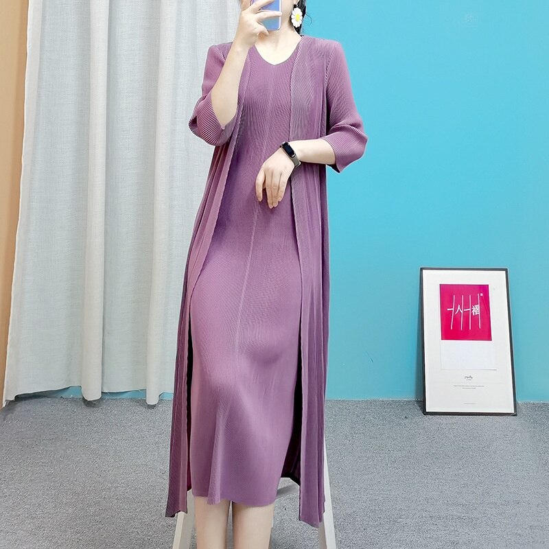 Pleated Dress & Long Coat Two-Piece Set