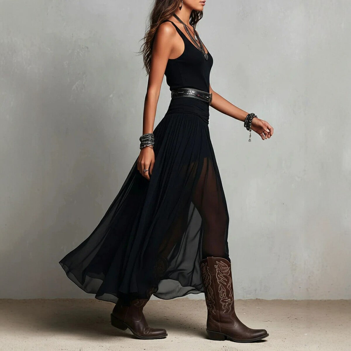 Black Mesh Belted Maxi Dress