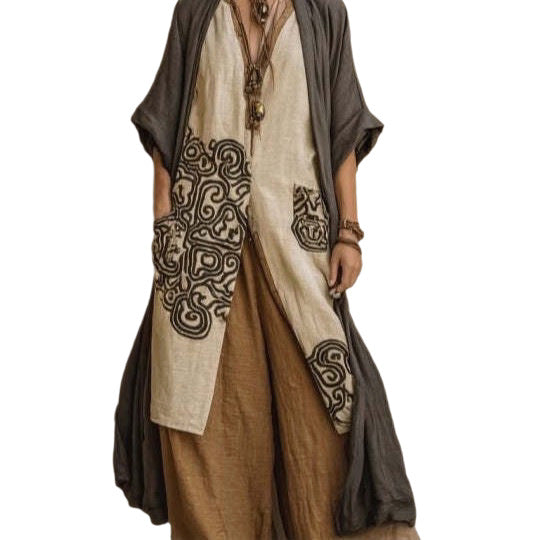 Embroidered Robe & Wide-Leg Pants Set