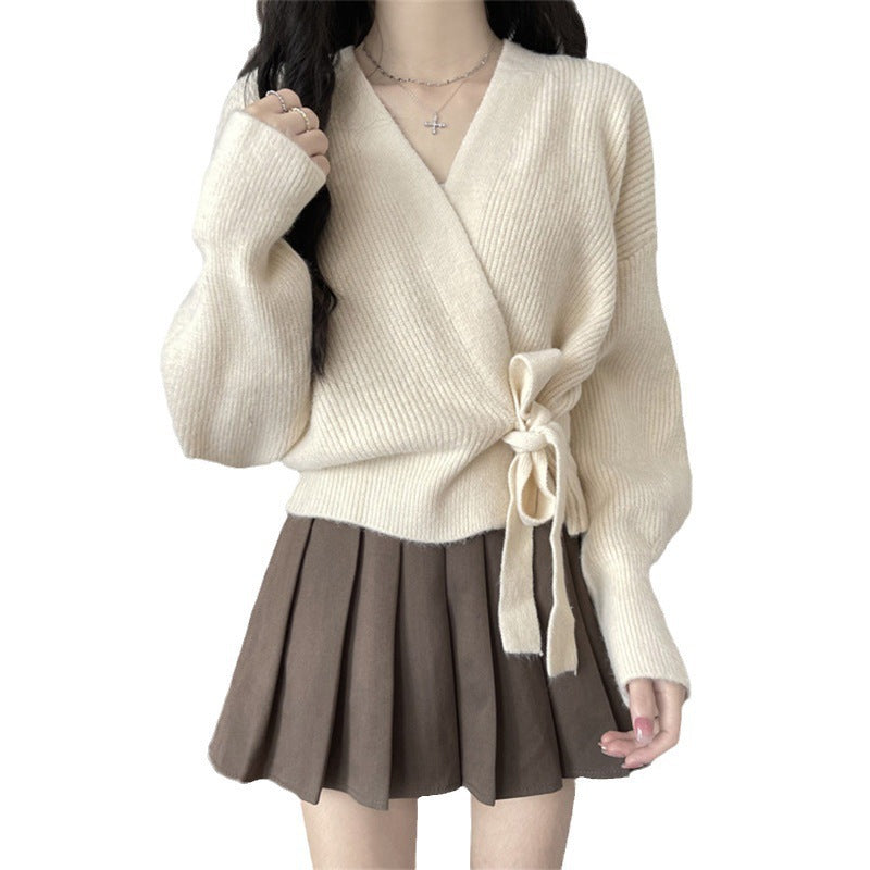 V-Neck Lace-Up Knit Cardigan