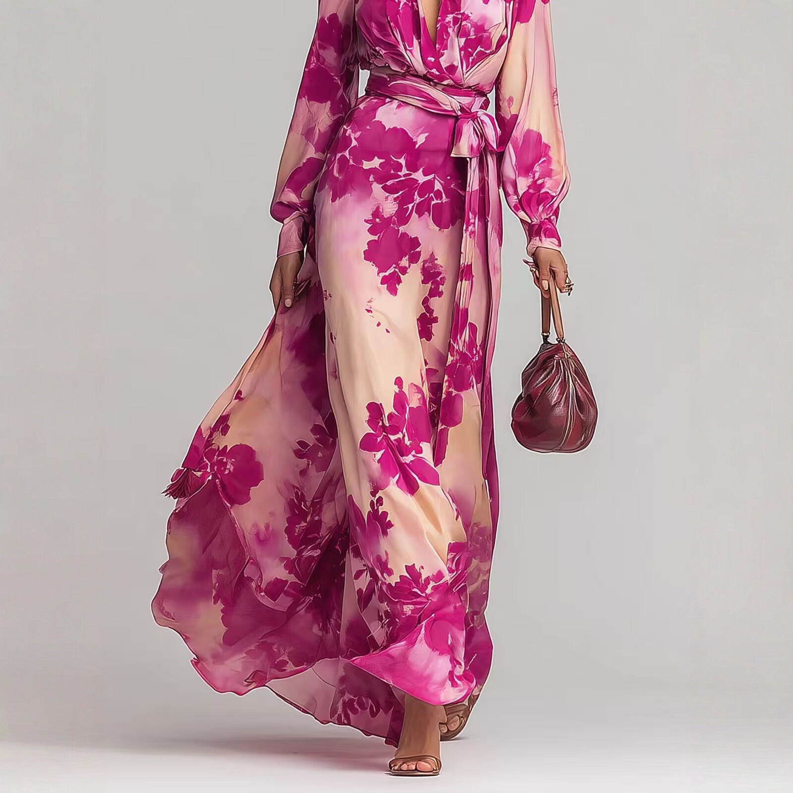 Printed Chiffon V-Neck Tie-Up Dress - detail view