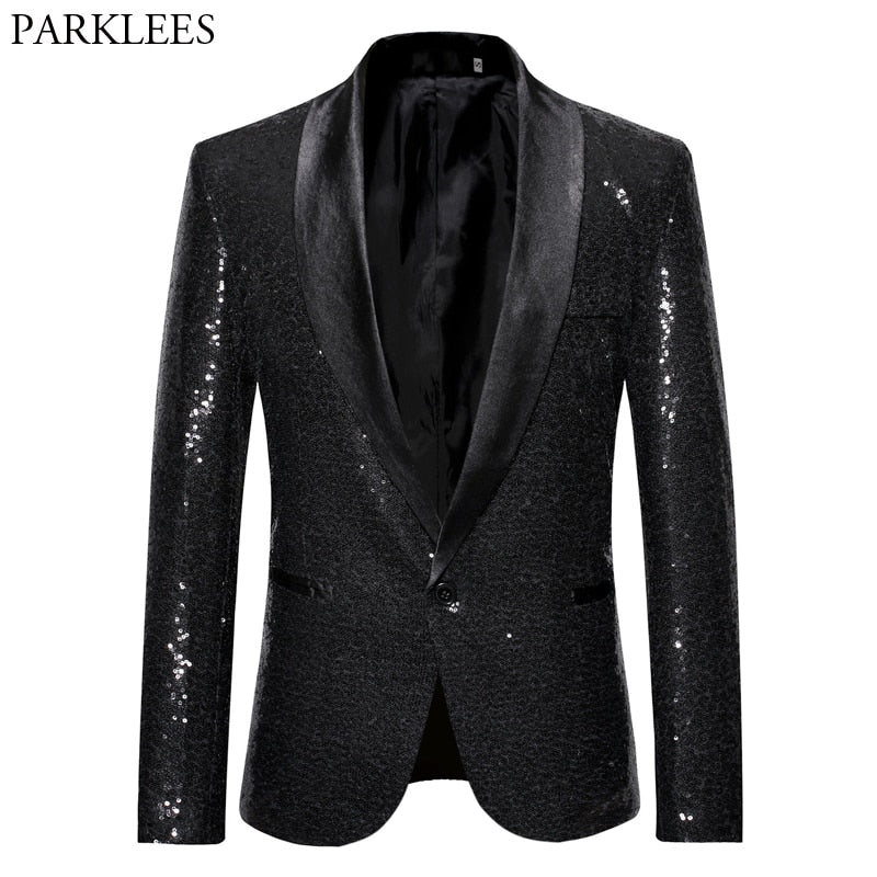 Black Sequin Shawl-Collar Blazer