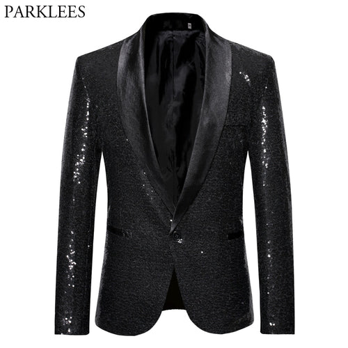 Black Sequin Shawl-Collar Blazer