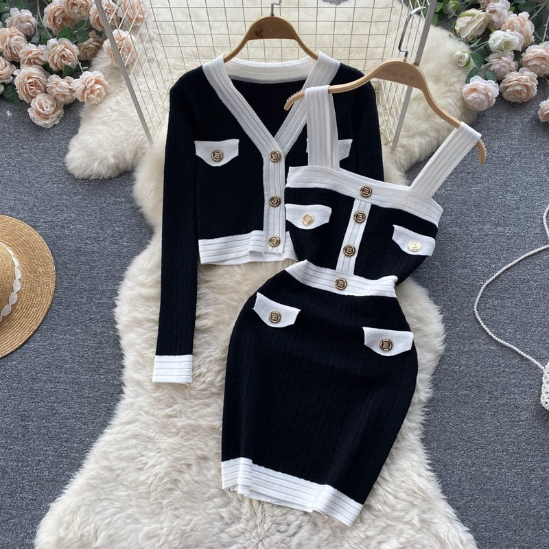 Button Cardigan & Cami Dress Knit Set - alternate view