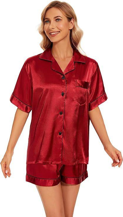 Satin Button-Up Pajama Two-Piece Set - detail view