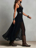 Black Mesh Belted Maxi Dress