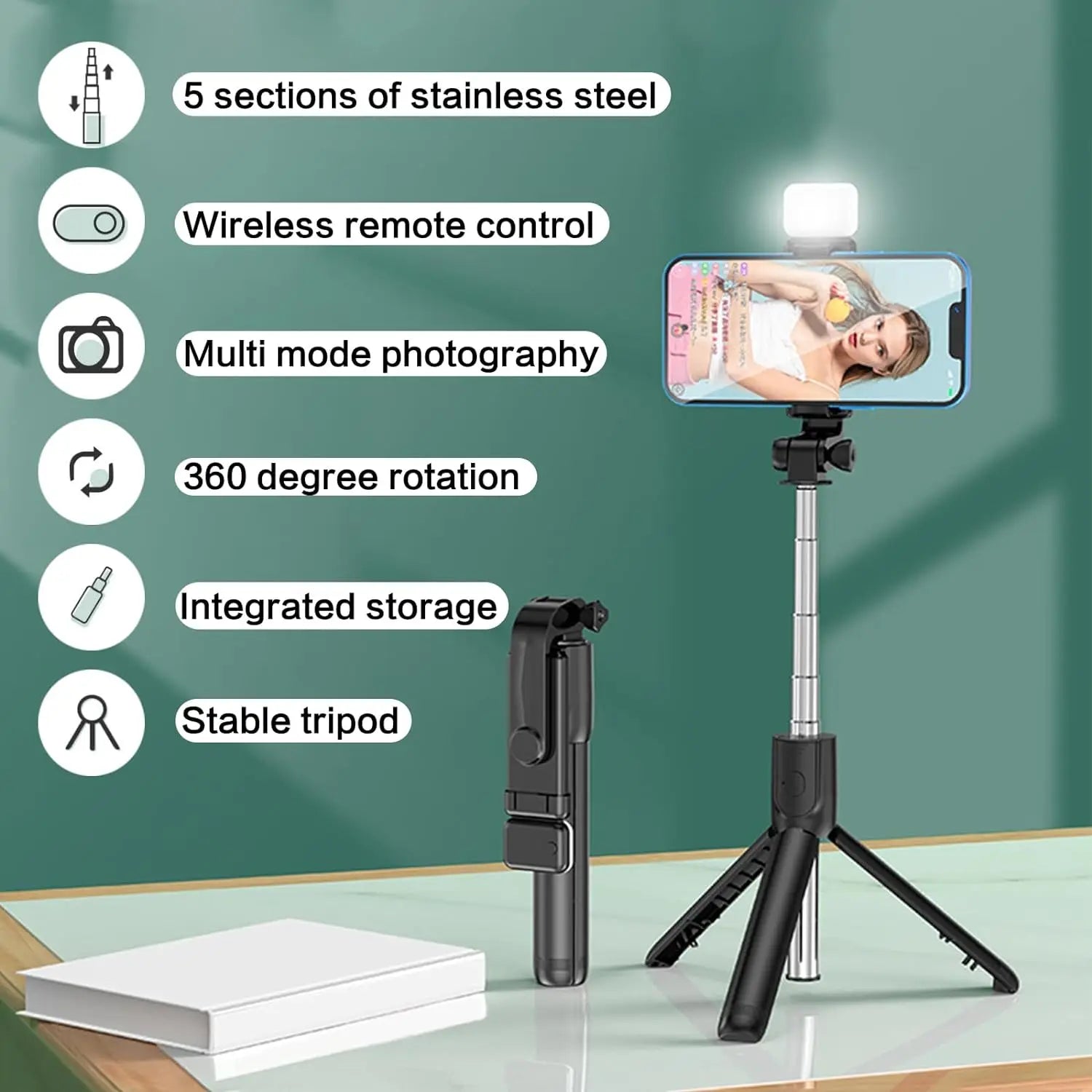 Selfie Stick with Fill Light & Wireless Remote - alternate view