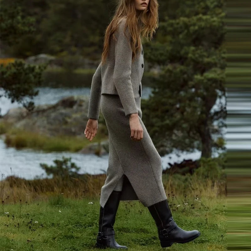 Knit Cardigan & Midi Skirt Autumn Set - detail view