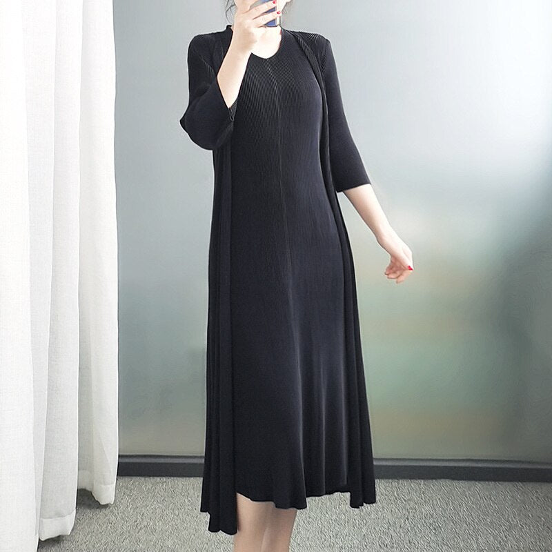Pleated Dress & Long Coat Two-Piece Set
