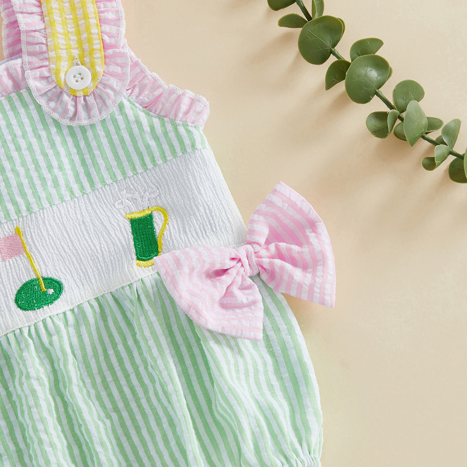 Girls' Striped Bowknot Baby Romper - detail view