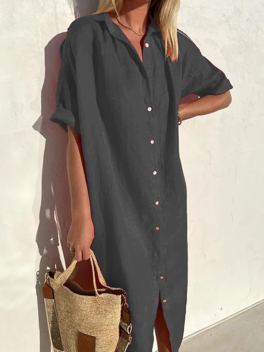 Loose Short-Sleeve Button-Up Dress