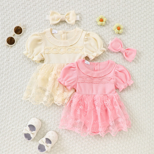 Baby Girl Romper with Peter Pan Collar & Hairband
