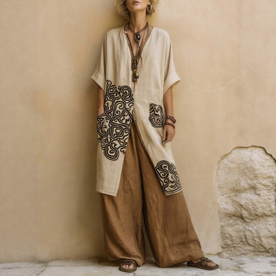 Embroidered Robe & Wide-Leg Pants Set - detail view