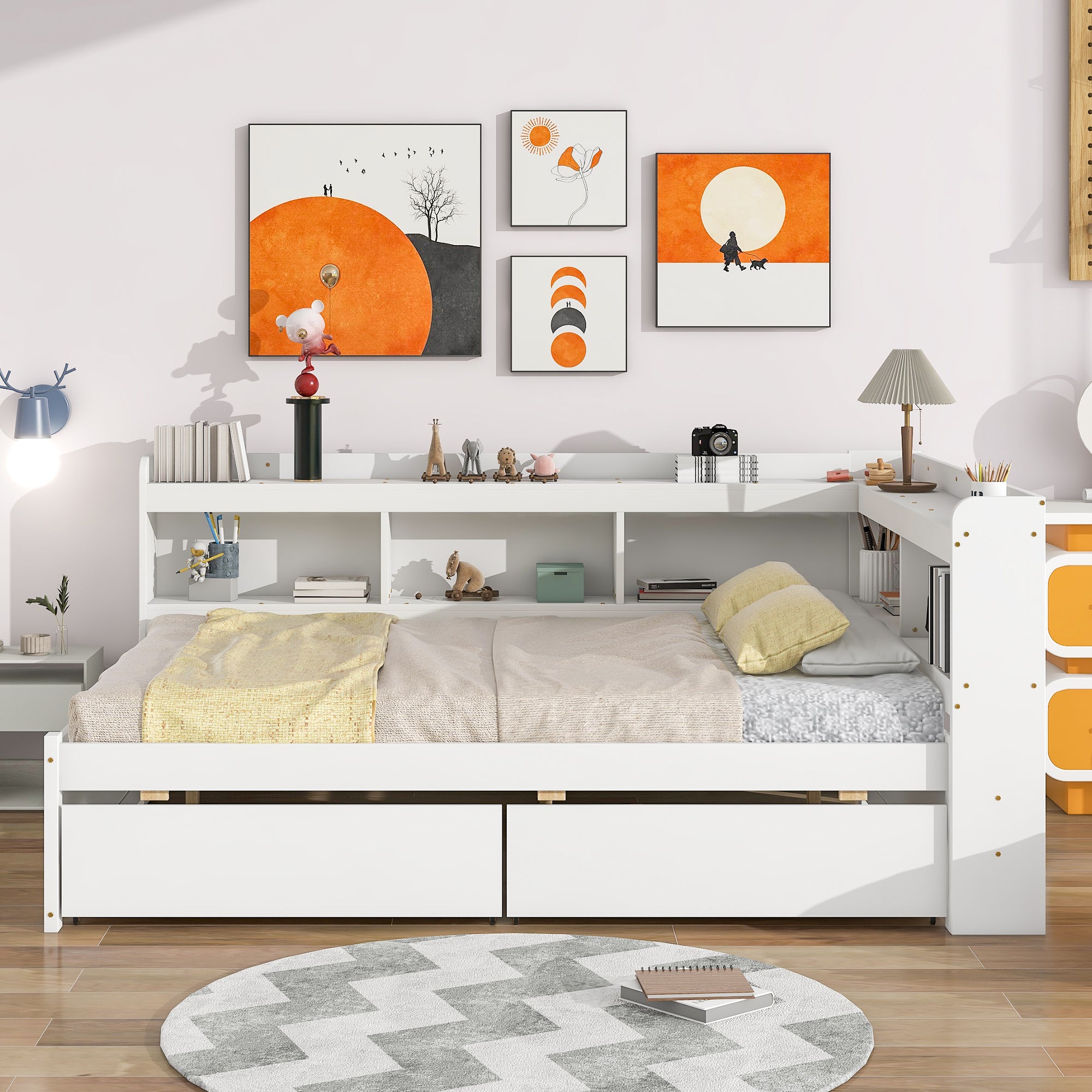 Full-Size Bed with L-Shaped Bookcase & Drawers