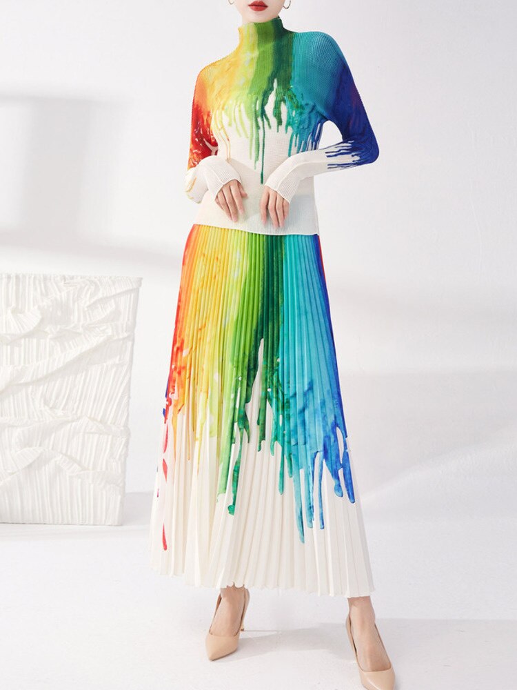 Gradient Pleated Turtleneck Skirt Set - detail view