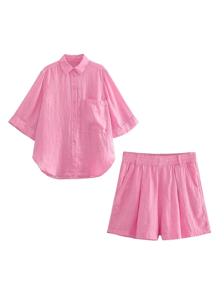 Linen Blouse & Wide-Leg Shorts Set