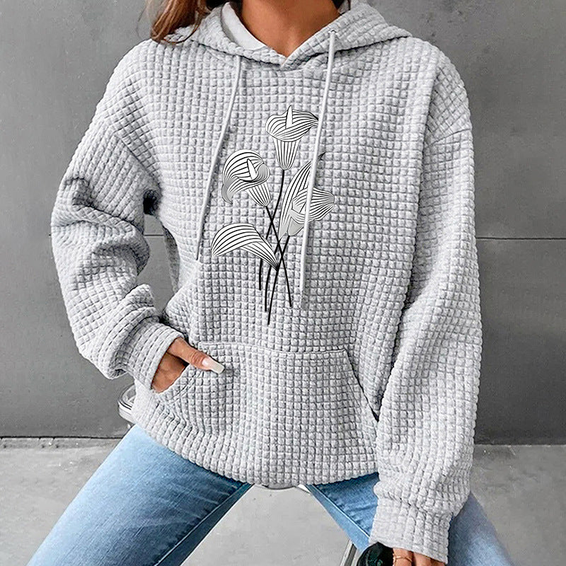 Line Art Lily Print Hooded Top