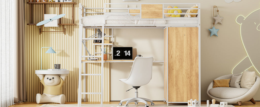 Twin Loft Bed with Desk & Wardrobe (White) - alternate view