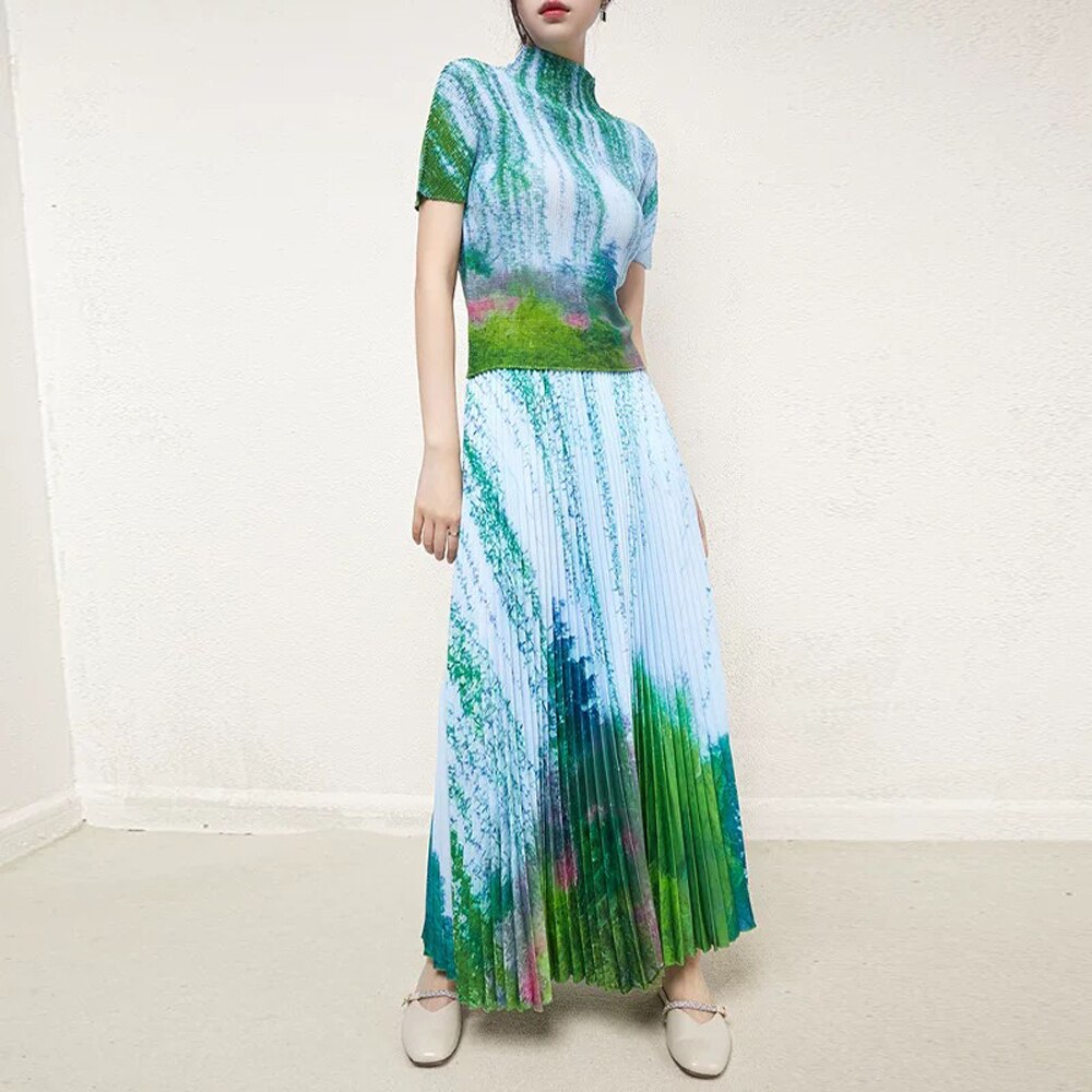 Floral Print Stand Collar Skirt Set - detail view