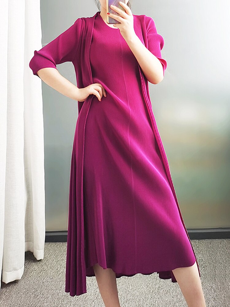 Pleated Dress & Long Coat Two-Piece Set