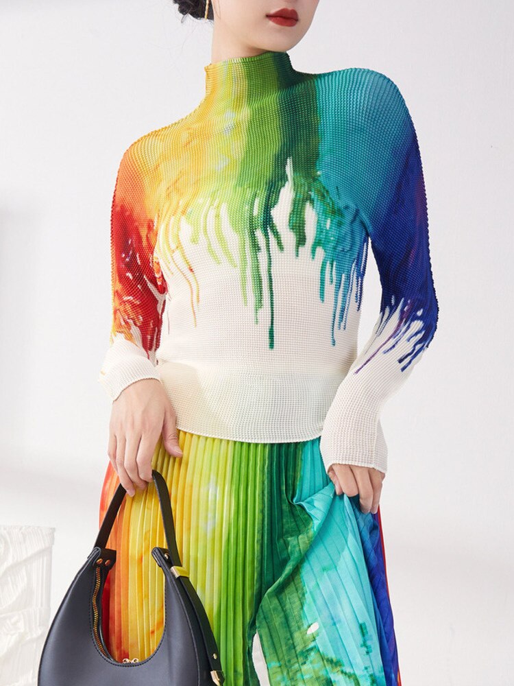 Gradient Pleated Turtleneck Skirt Set