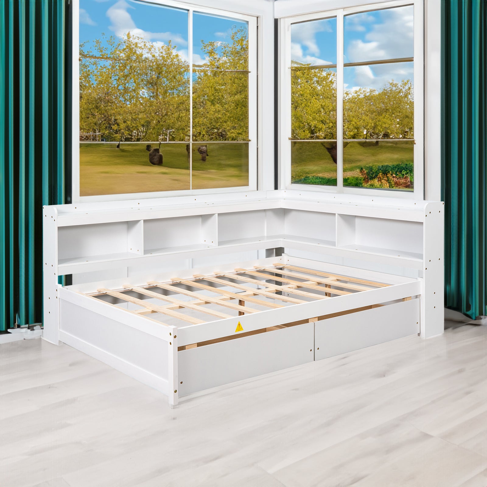 Full-Size Bed with L-Shaped Bookcase & Drawers