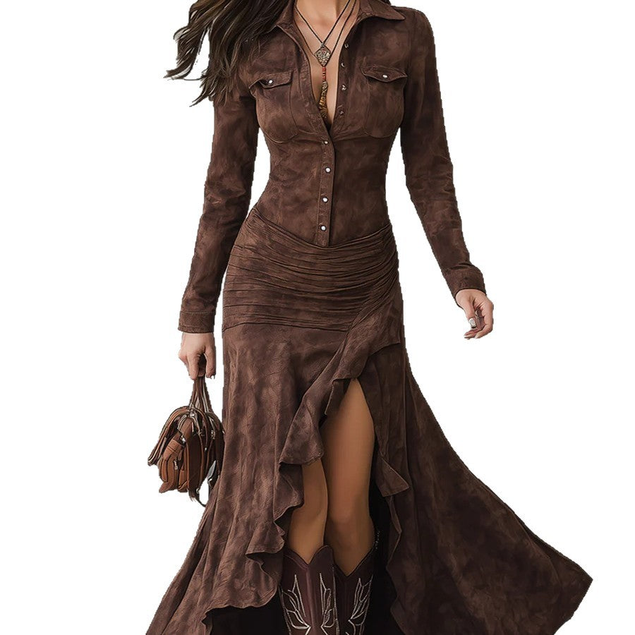 Elegant Zipper Stand-Collar Slit Dress