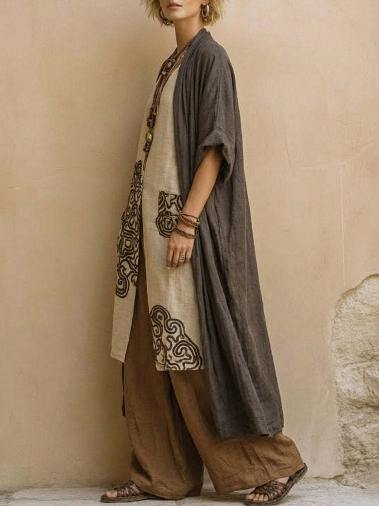 Embroidered Robe & Wide-Leg Pants Set