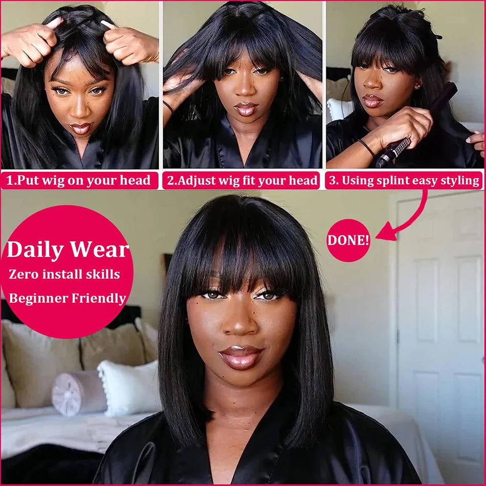 Short Bob Human Hair Wig with Bangs - alternate view