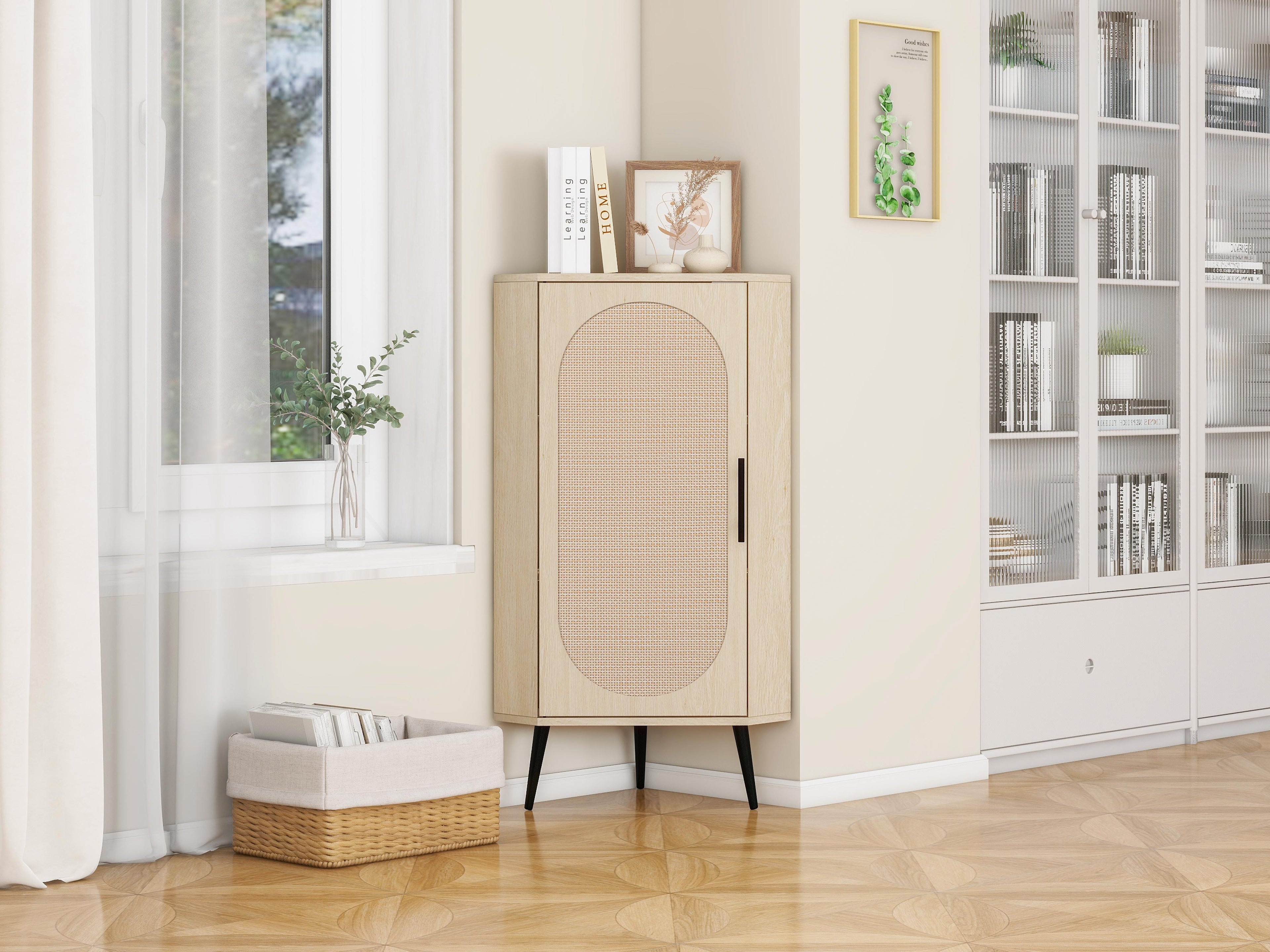 Rattan Door Freestanding Corner Cabinet