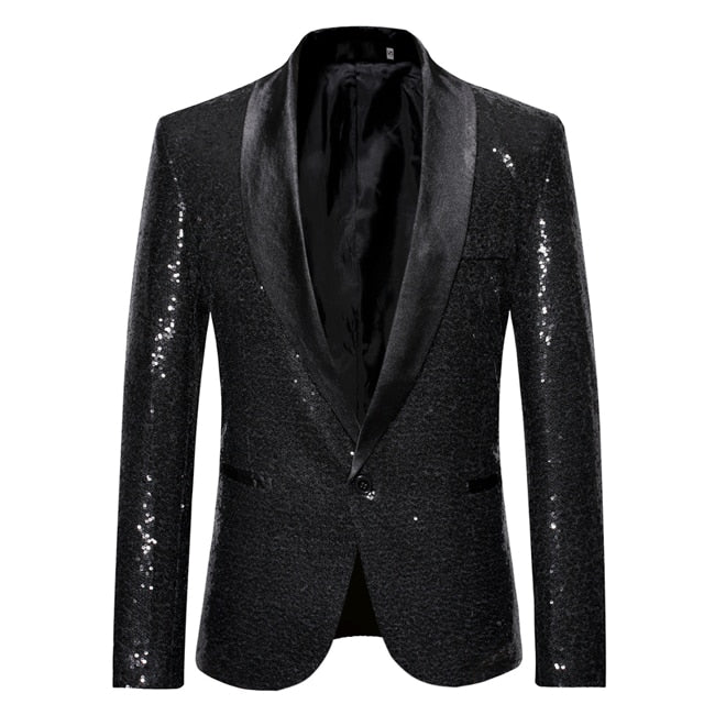 Black Sequin Shawl-Collar Blazer