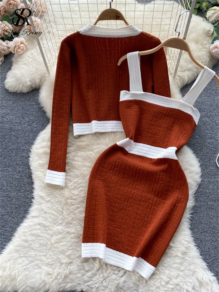 Button Cardigan & Cami Dress Knit Set