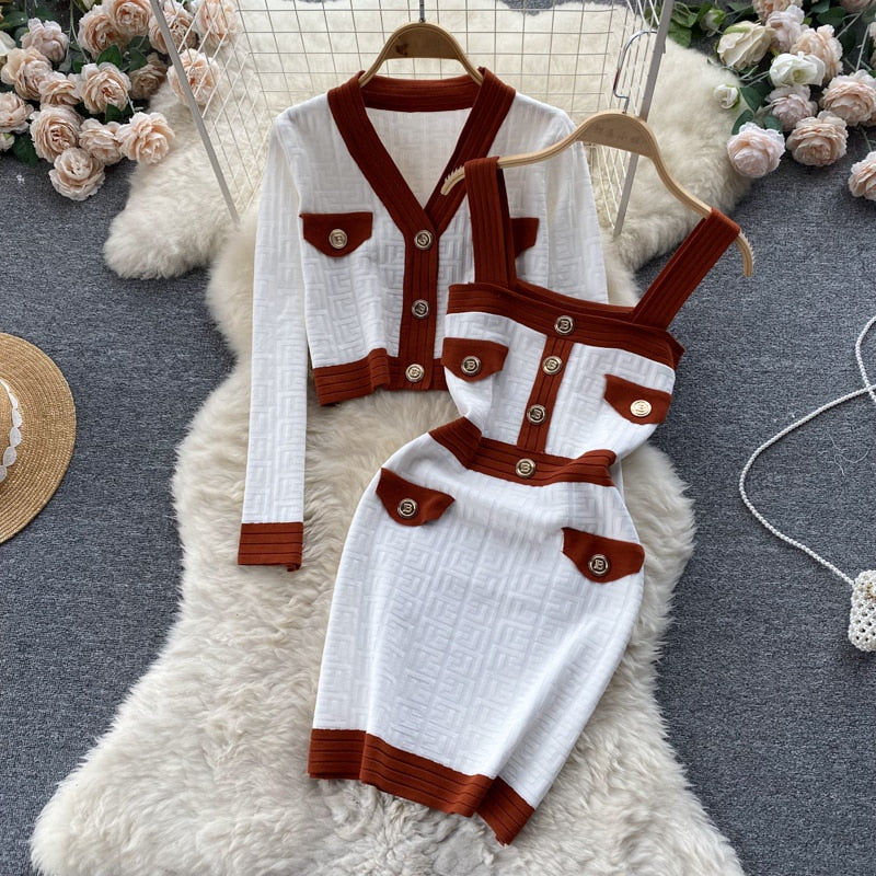 Button Cardigan & Cami Dress Knit Set - detail view