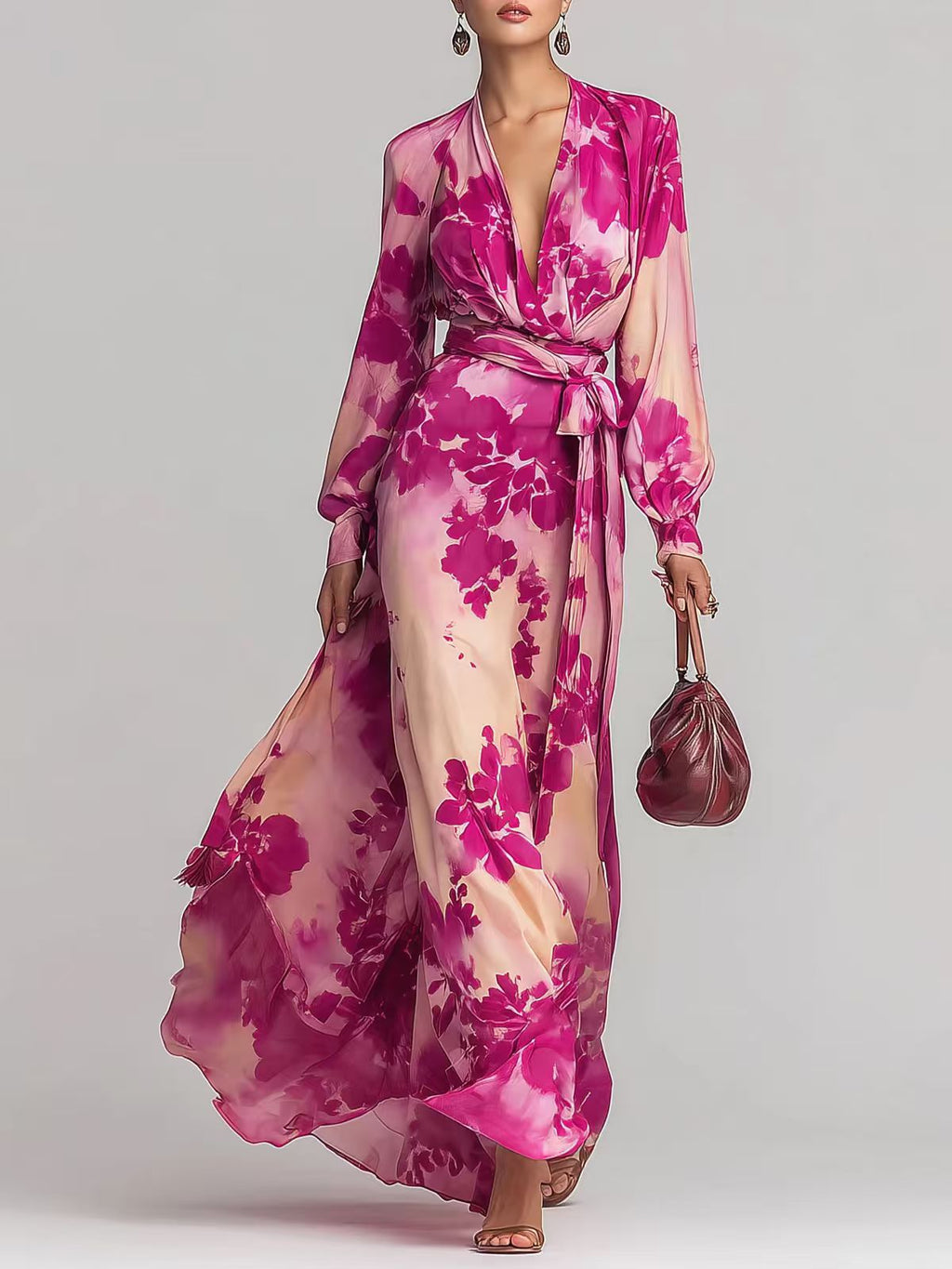Printed Chiffon V-Neck Tie-Up Dress