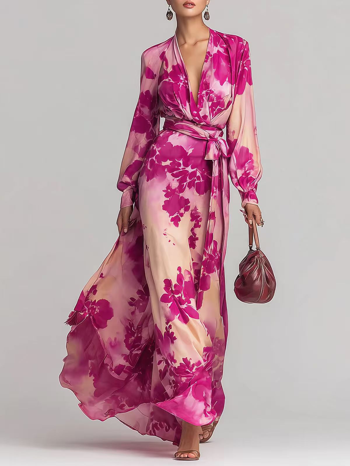 Printed Chiffon V-Neck Tie-Up Dress
