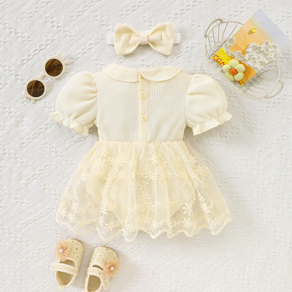 Baby Girl Romper with Peter Pan Collar & Hairband - detail view