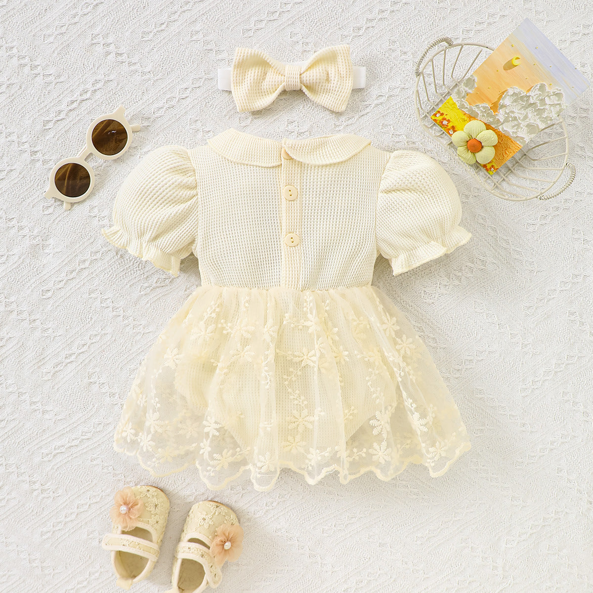 Baby Girl Romper with Peter Pan Collar & Hairband - detail view