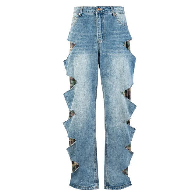 Camouflage Wide-Leg Denim Jeans