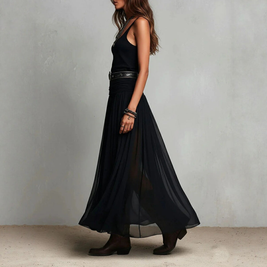 Black Mesh Belted Maxi Dress