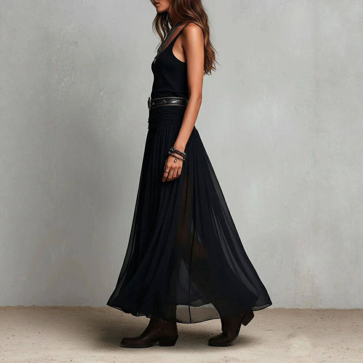 Black Mesh Belted Maxi Dress