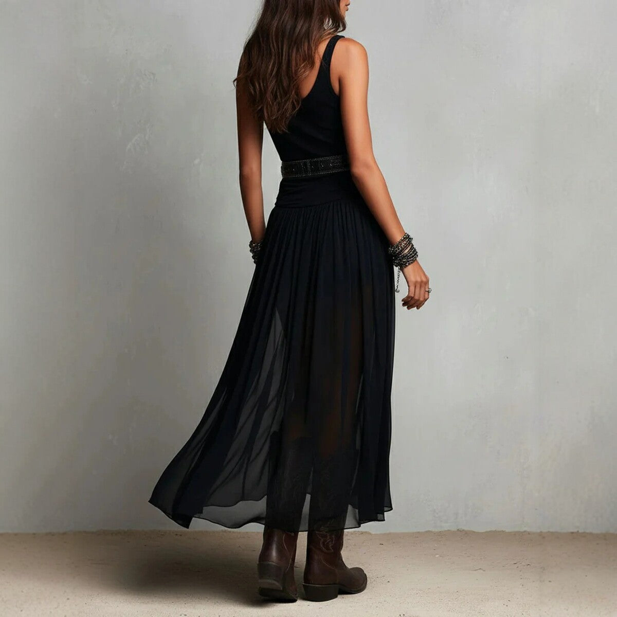 Black Mesh Belted Maxi Dress - alternate view