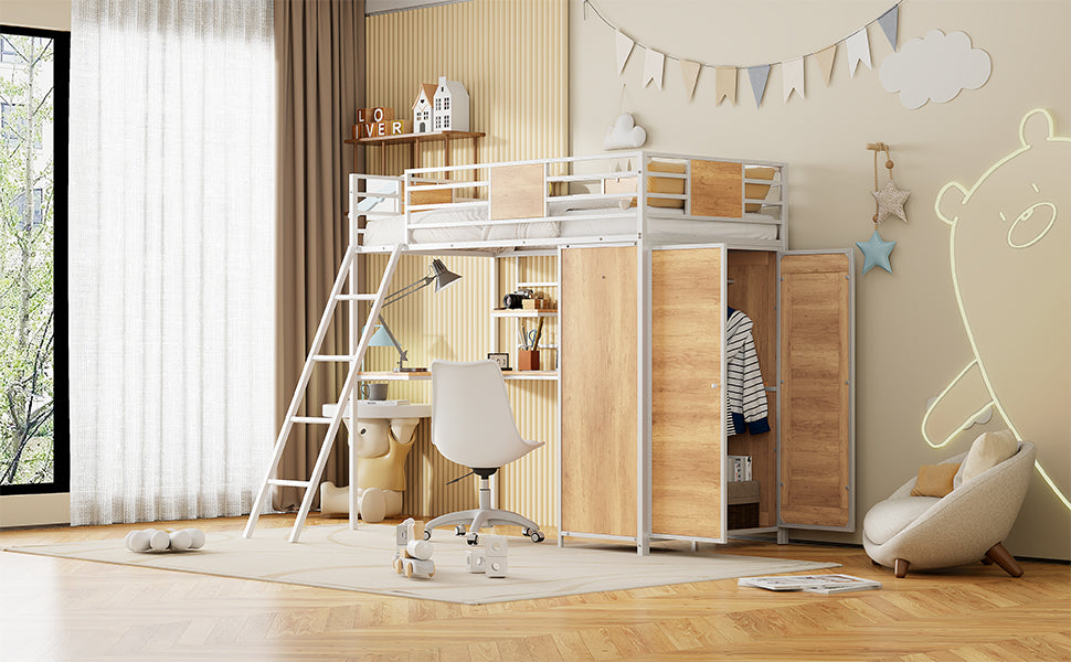 Twin Loft Bed with Desk & Wardrobe (White)
