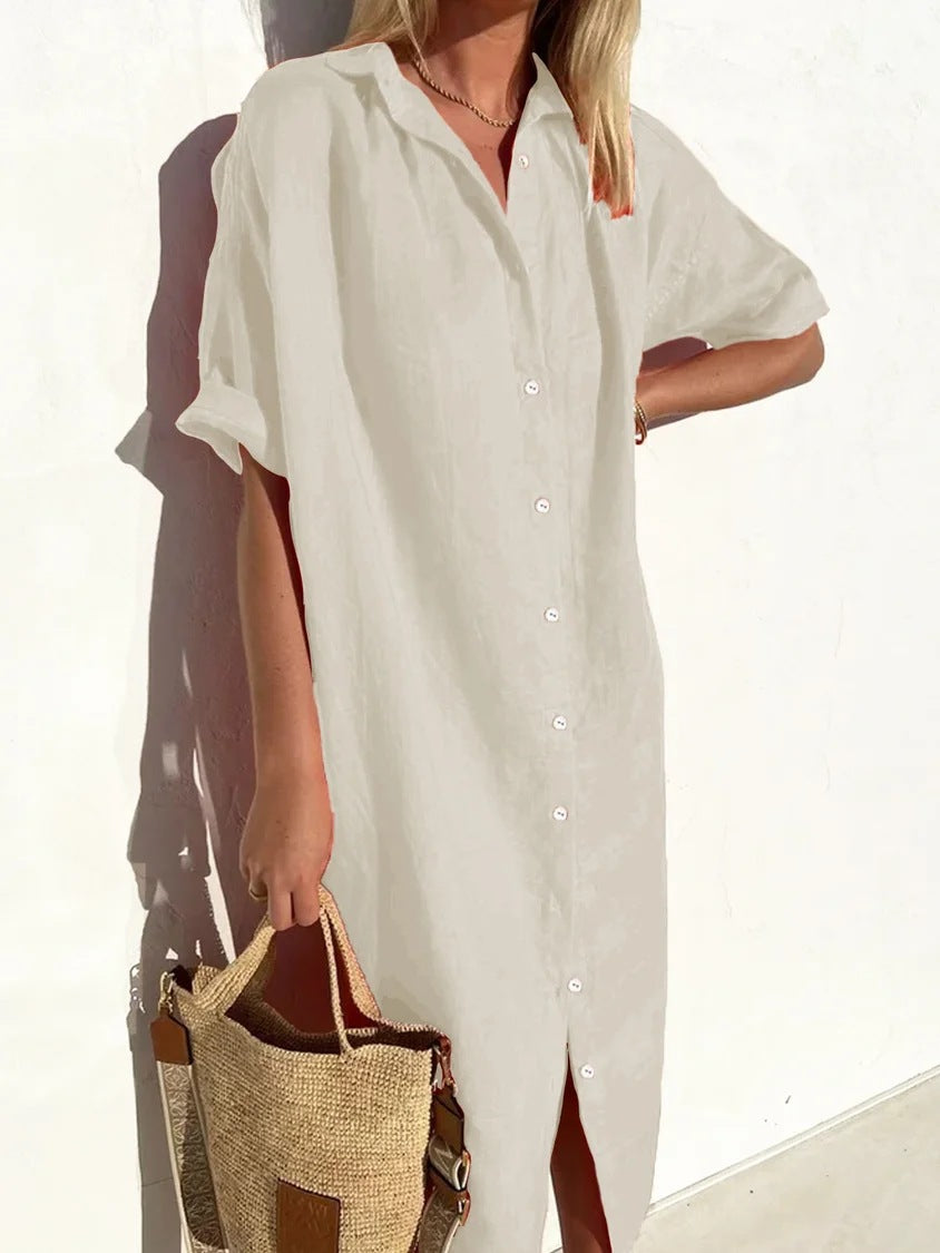 Loose Short-Sleeve Button-Up Dress
