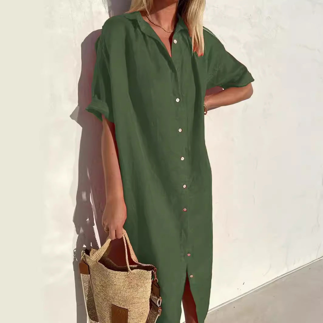 Loose Short-Sleeve Button-Up Dress - detail view