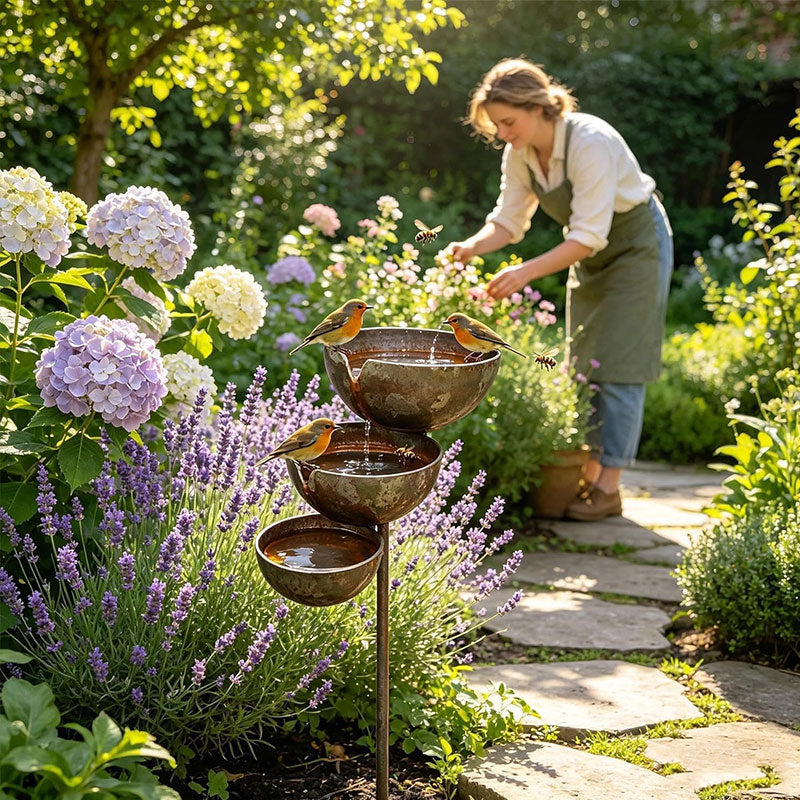 Vintage Iron Bird Bath, Garden Stake - detail view