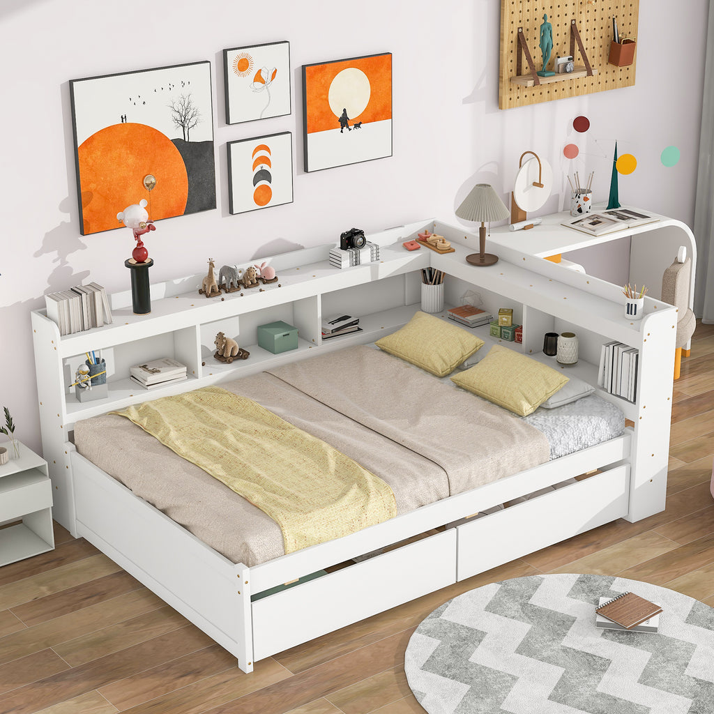 Full-Size Bed with L-Shaped Bookcase & Drawers - detail view
