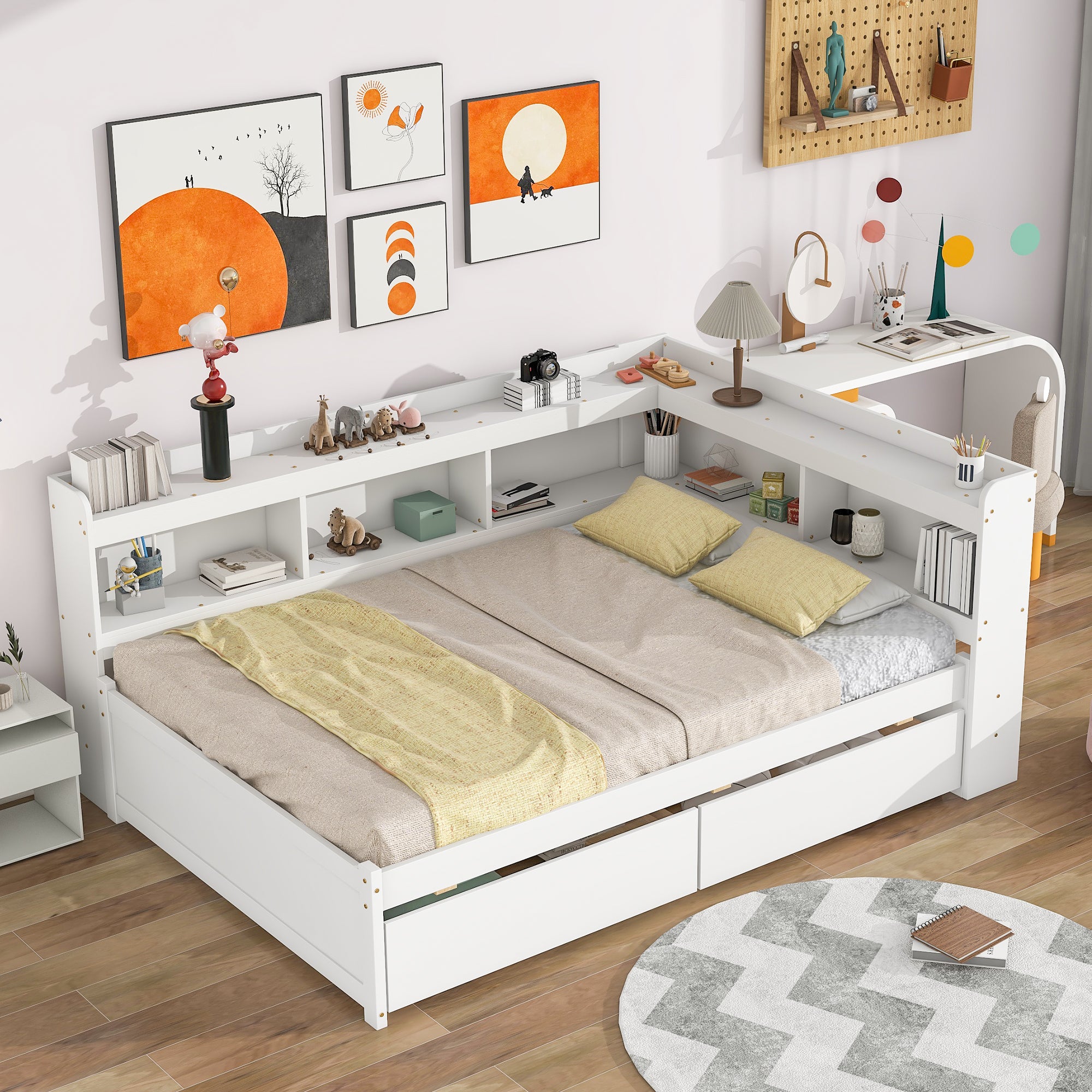 Full-Size Bed with L-Shaped Bookcase & Drawers - detail view