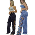 Side Cut-Out Denim Patchwork Pants